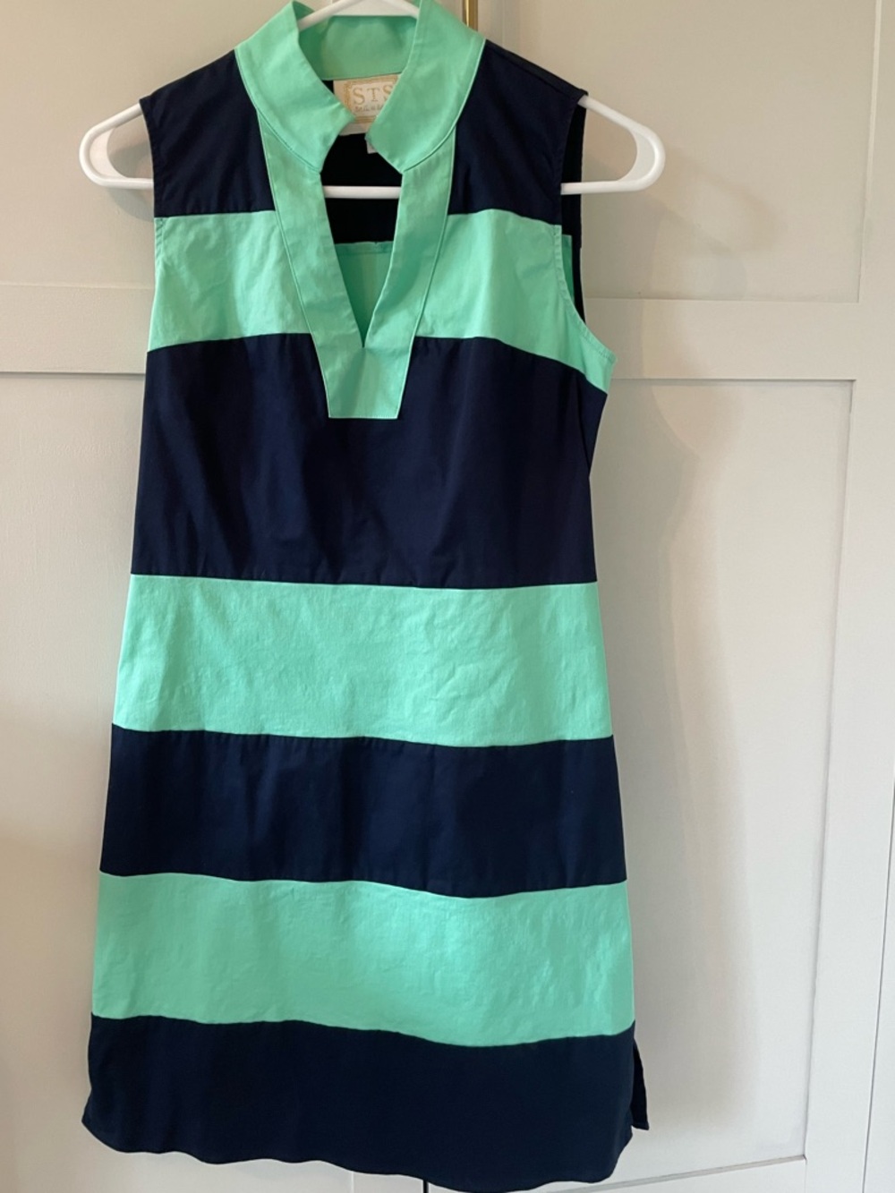 Sail to Sable Mint and Navy Wide-Stripe Sleeveless Dress